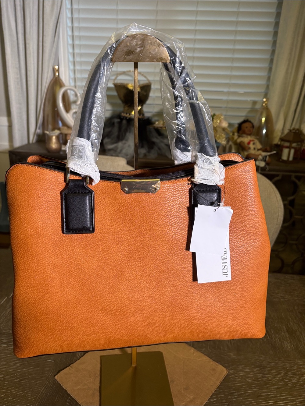 JustFab Caramel Tote with Black Trim and Dual Top Handles